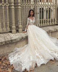 Gorgeous Bateau Long Sleeve Train A-Line Wedding Dress with Lace Appliques