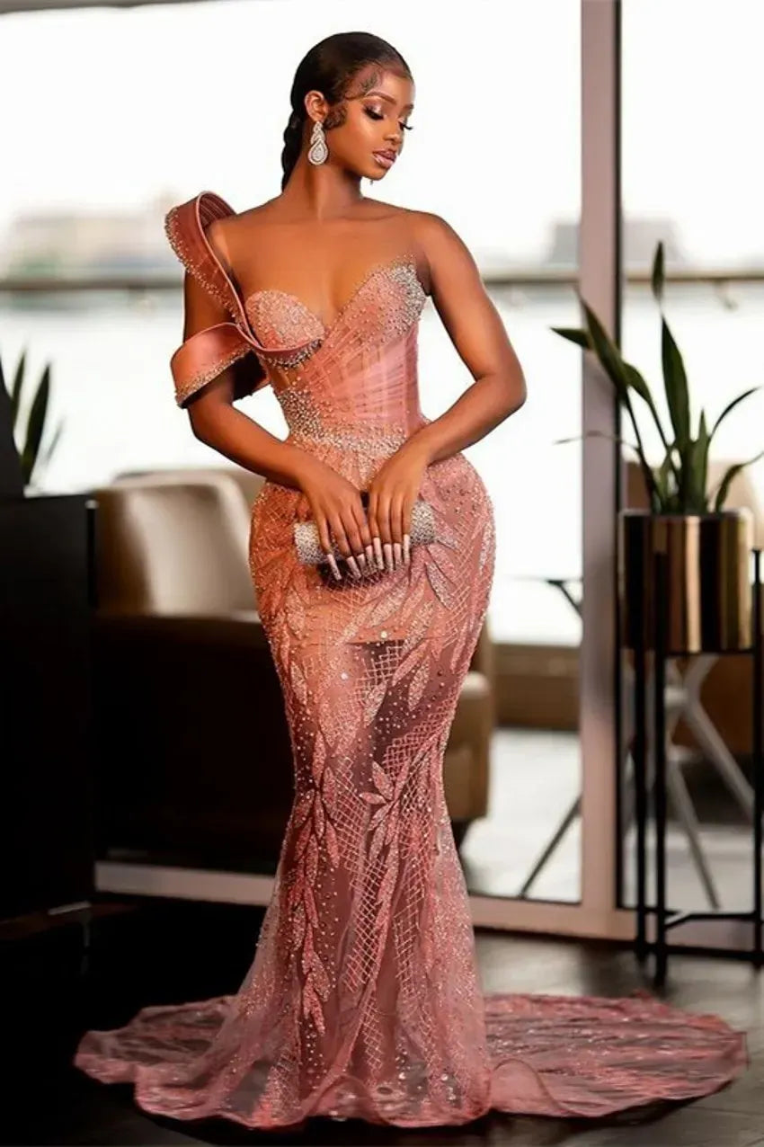 One Shoulder Mermaid Long Prom Dress with Beading Embroidery
