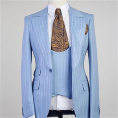 Gorgeous Blue Striped Three-Piece Groomsmen Tuxedo with Peaked Lapel