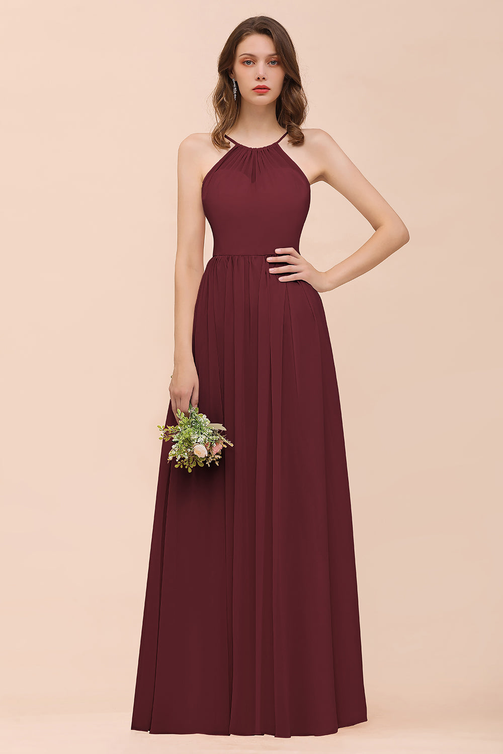 Gorgeous Chiffon Halter Ruffle Affordable Long Bridesmaid Dress-Babyonlines