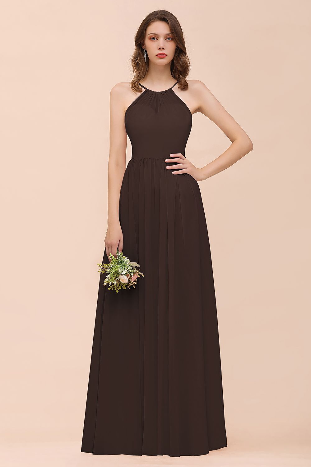 Gorgeous Chiffon Halter Ruffle Affordable Long Bridesmaid Dress-Babyonlines