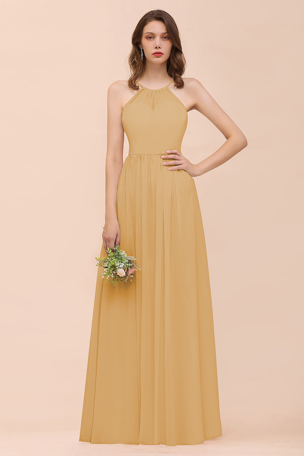 Gorgeous Chiffon Halter Ruffle Affordable Long Bridesmaid Dress-Babyonlines