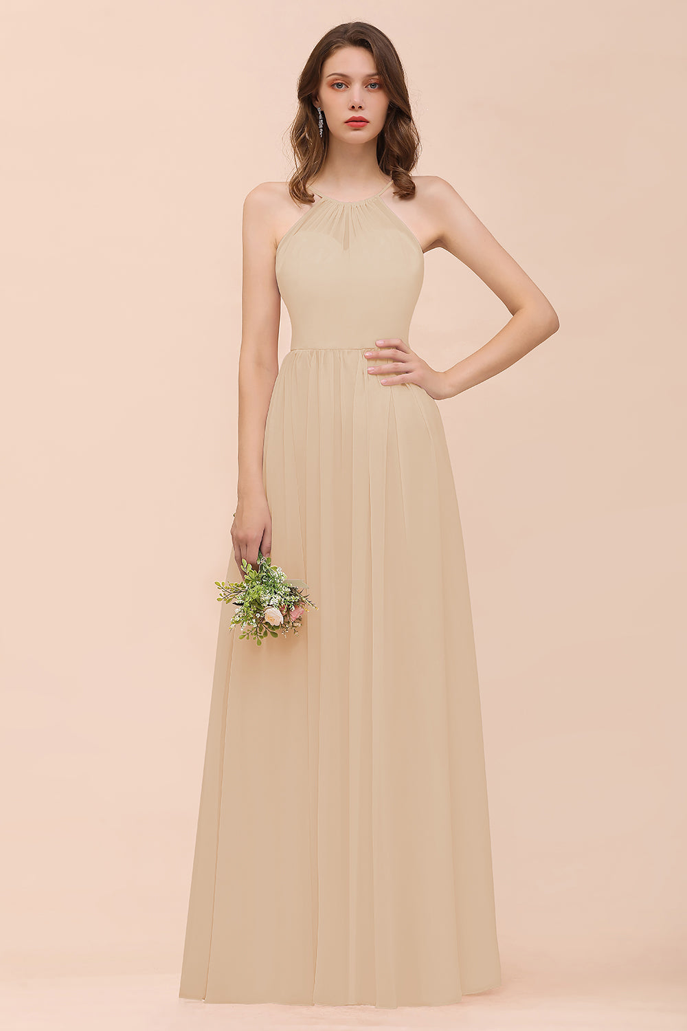 Gorgeous Chiffon Halter Ruffle Affordable Long Bridesmaid Dress-Babyonlines