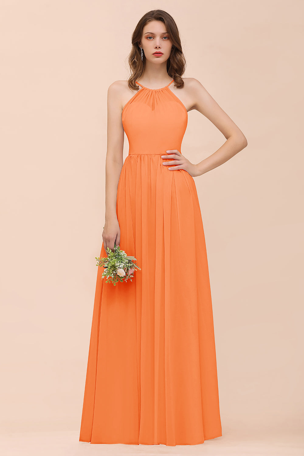 Gorgeous Chiffon Halter Ruffle Affordable Long Bridesmaid Dress-Babyonlines