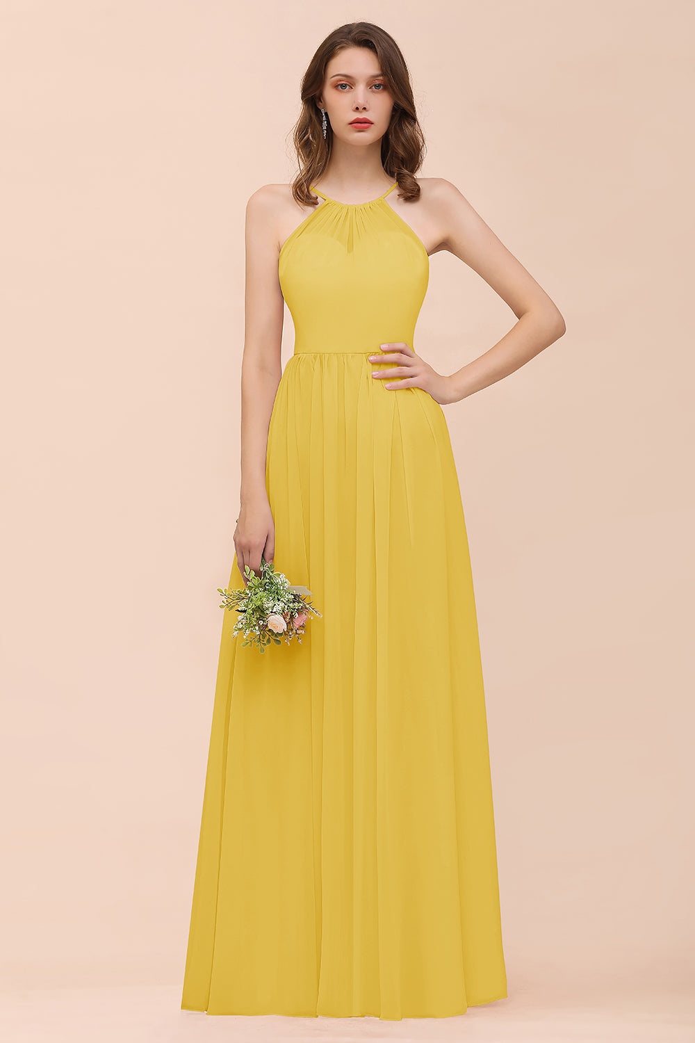Gorgeous Chiffon Halter Ruffle Affordable Long Bridesmaid Dress-Babyonlines