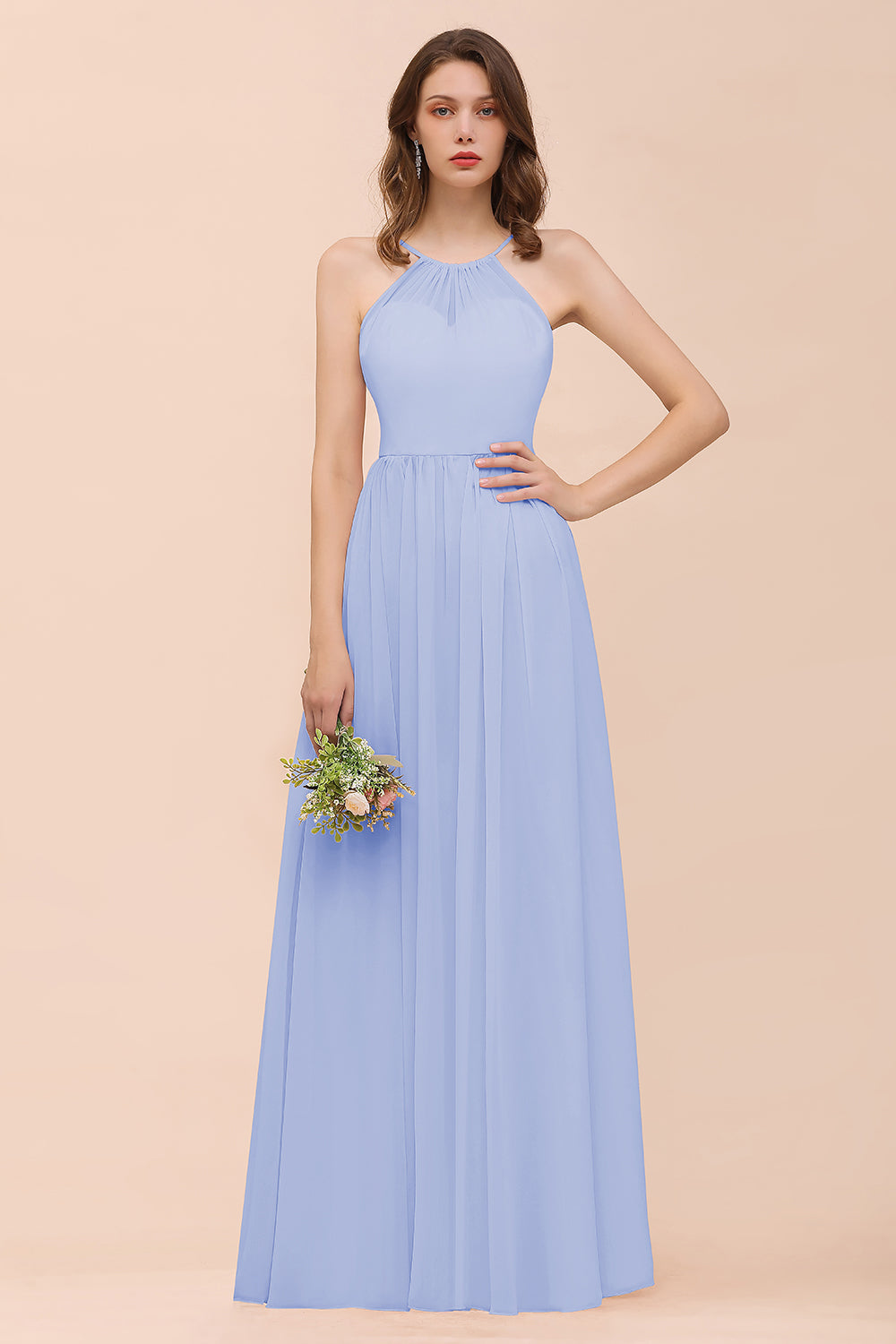 Gorgeous Chiffon Halter Ruffle Affordable Long Bridesmaid Dress-Babyonlines