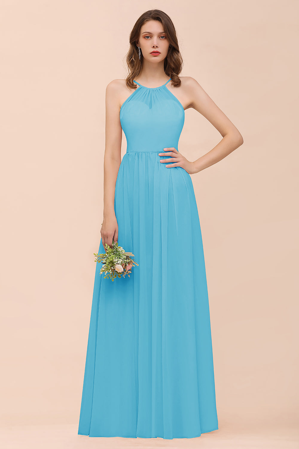 Gorgeous Chiffon Halter Ruffle Affordable Long Bridesmaid Dress-Babyonlines
