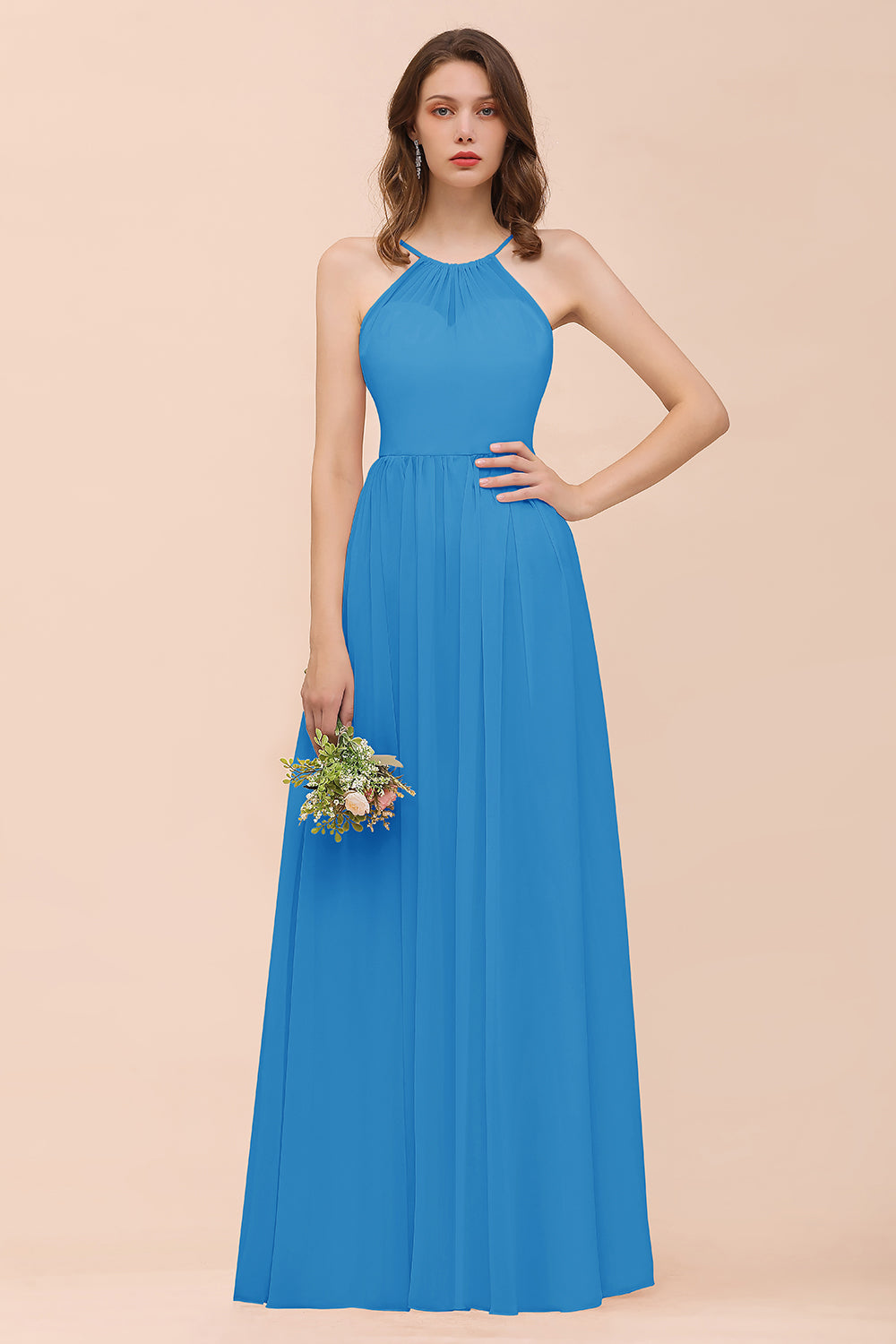 Gorgeous Chiffon Halter Ruffle Affordable Long Bridesmaid Dress-Babyonlines