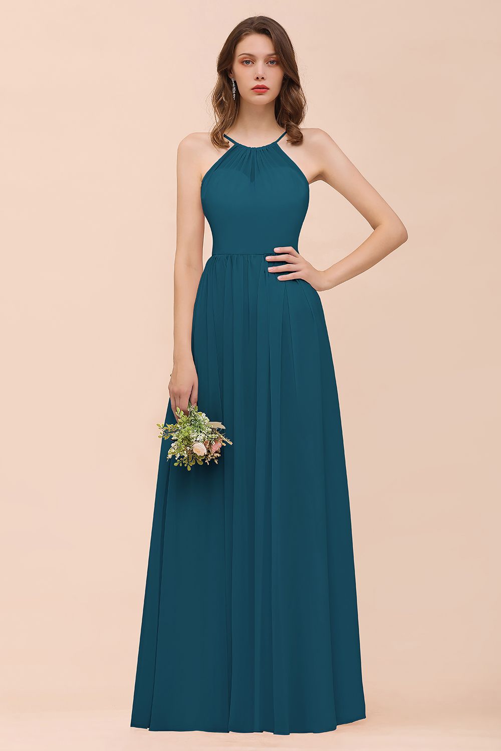 Gorgeous Chiffon Halter Ruffle Affordable Long Bridesmaid Dress-Babyonlines