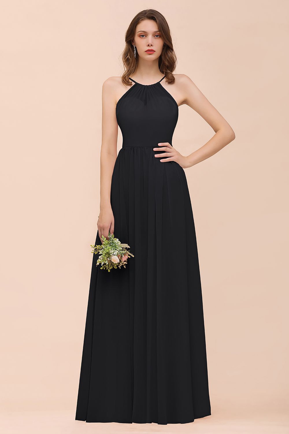 Gorgeous Chiffon Halter Ruffle Affordable Long Bridesmaid Dress-Babyonlines