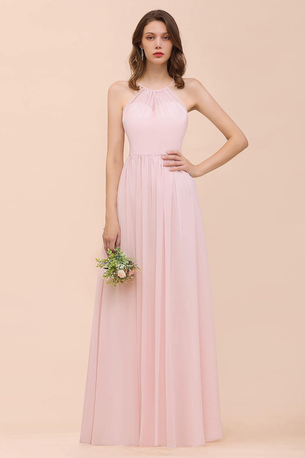 Gorgeous Chiffon Halter Ruffle Affordable Long Bridesmaid Dress-Babyonlines