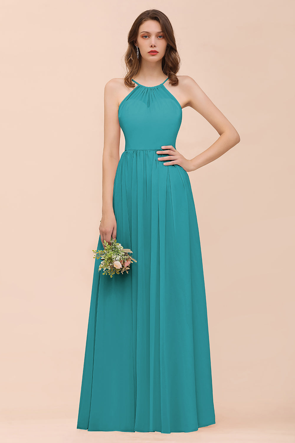 Gorgeous Chiffon Halter Ruffle Affordable Long Bridesmaid Dress-Babyonlines