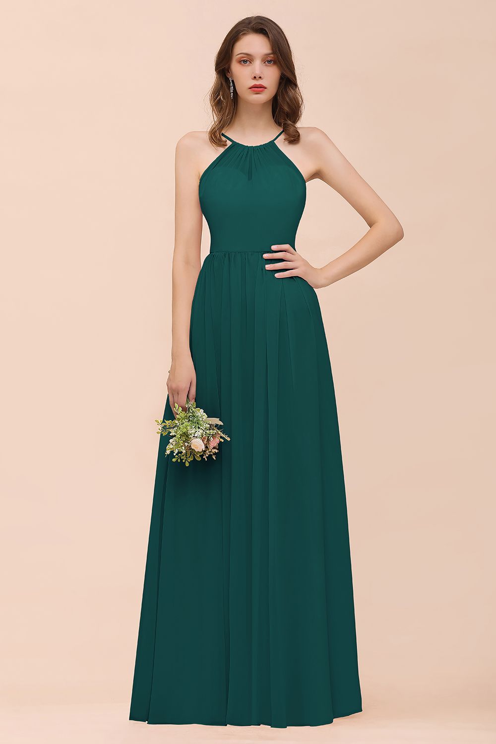 Gorgeous Chiffon Halter Ruffle Affordable Long Bridesmaid Dress-Babyonlines