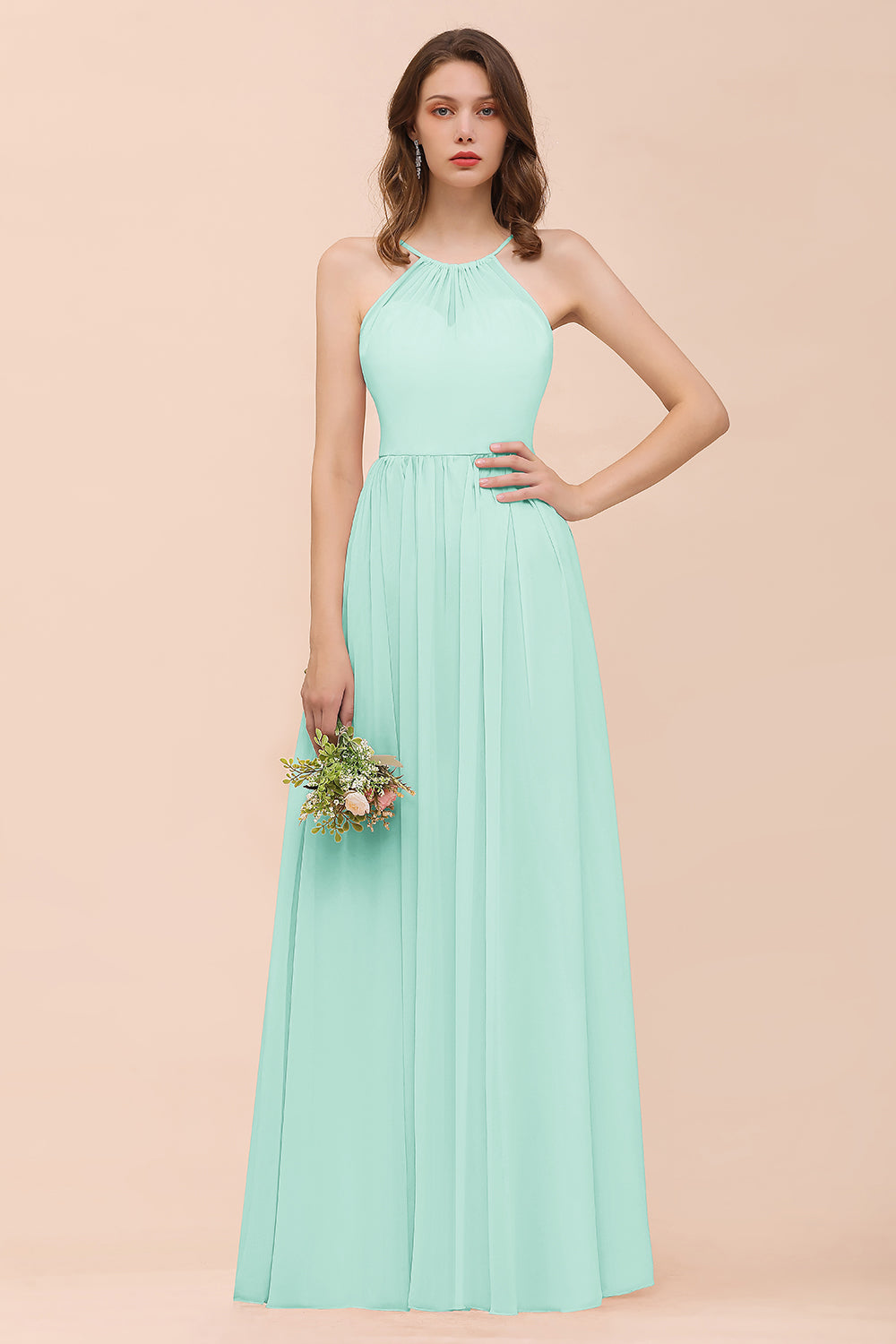 Gorgeous Chiffon Halter Ruffle Affordable Long Bridesmaid Dress-Babyonlines
