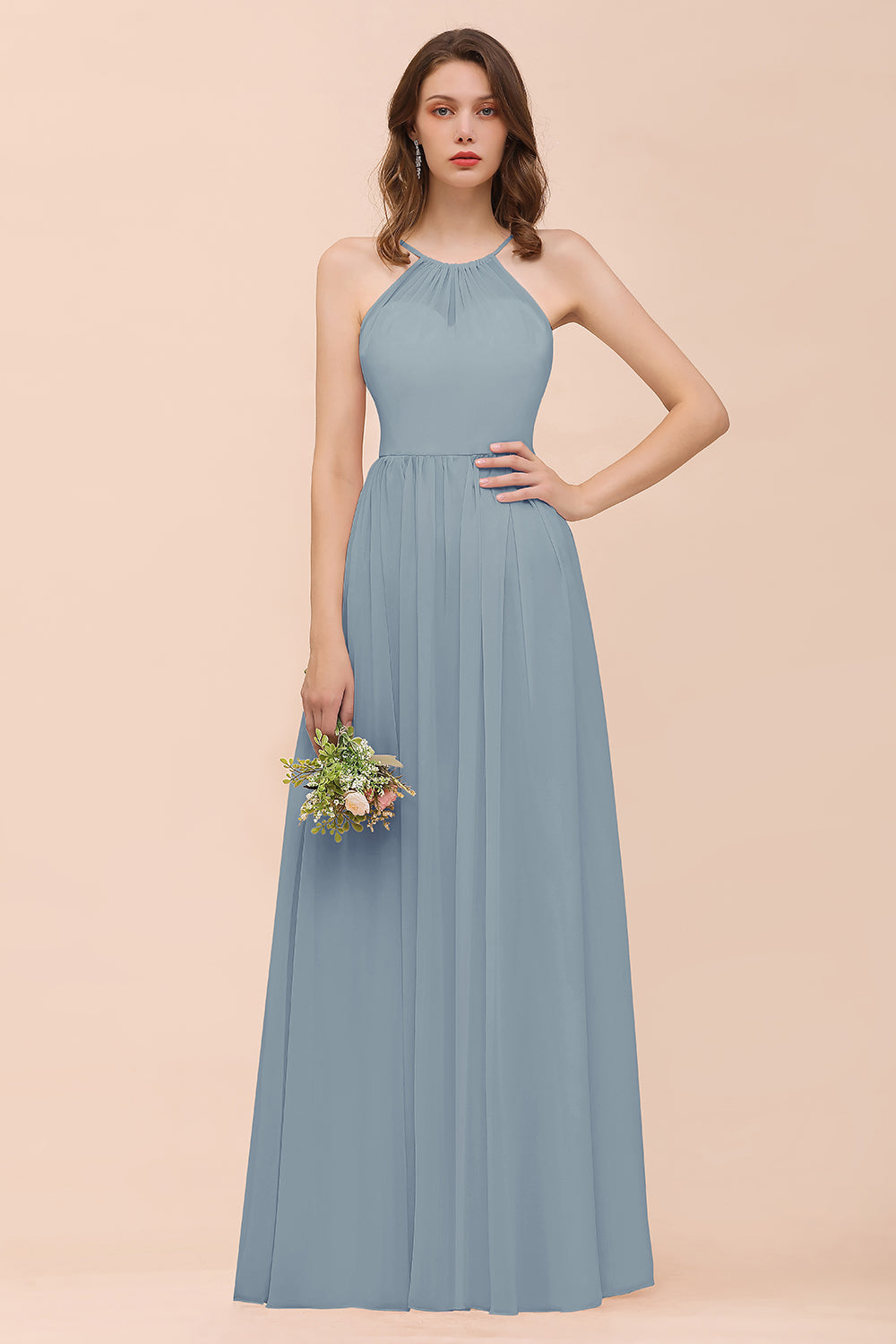 Gorgeous Chiffon Halter Ruffle Affordable Long Bridesmaid Dress-Babyonlines