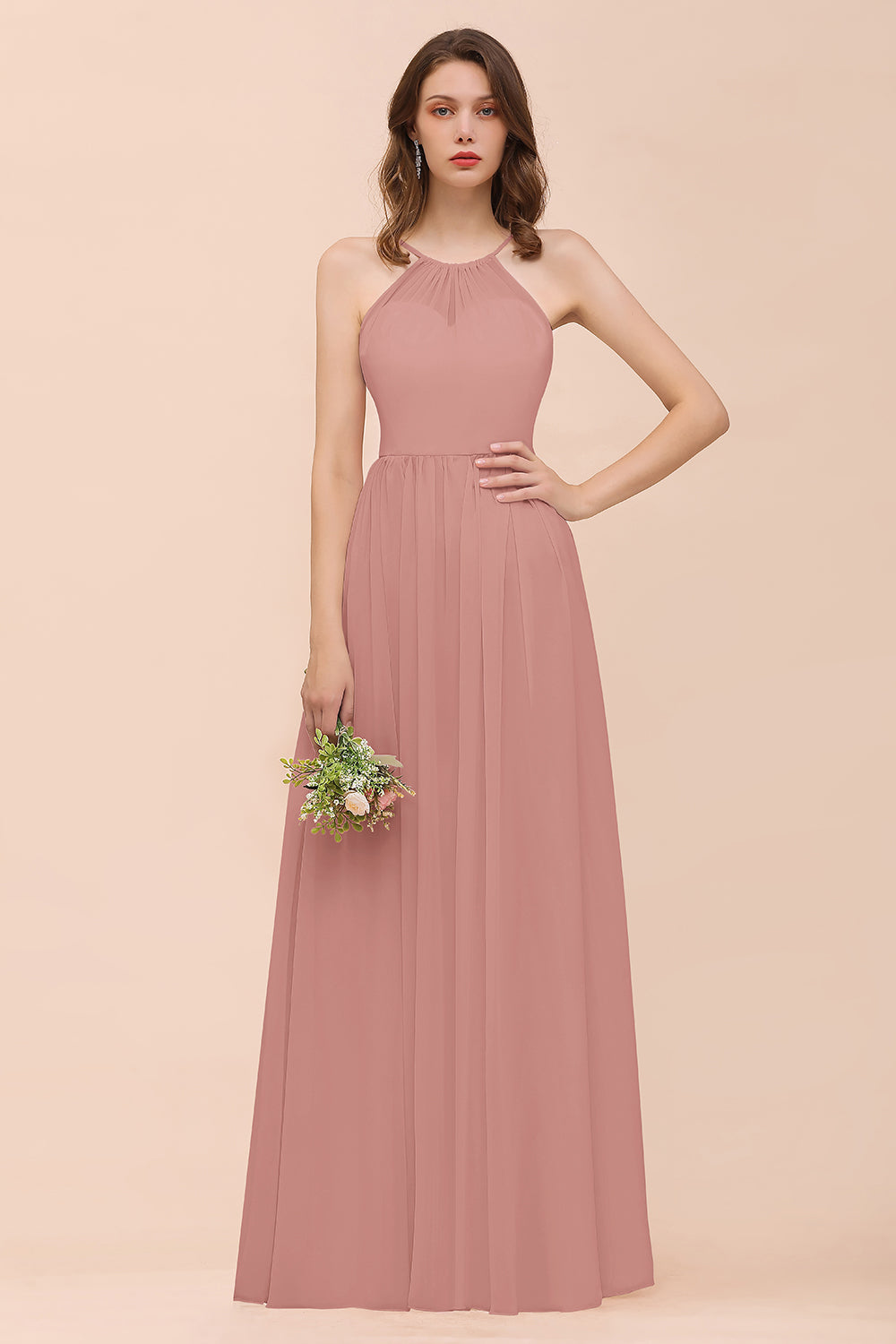 Gorgeous Chiffon Halter Ruffle Affordable Long Bridesmaid Dress-Babyonlines