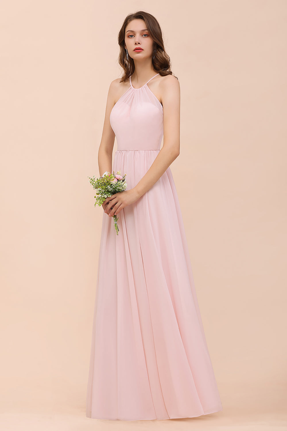 Gorgeous Chiffon Halter Ruffle Affordable Long Bridesmaid Dress-Babyonlines