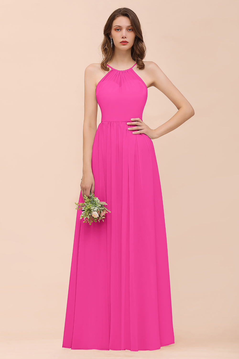Gorgeous Chiffon Halter Ruffle Affordable Long Bridesmaid Dress-Babyonlines