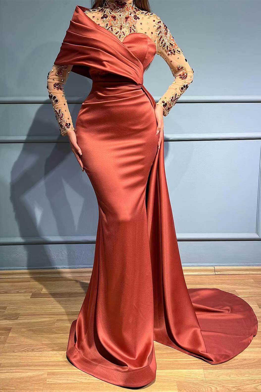 Gorgeous High Neck Long Sleeve Mermaid Prom Dress with Ruffles and Crystals
