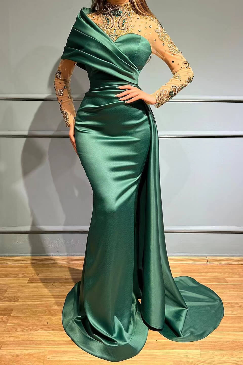 Gorgeous High Neck Long Sleeve Mermaid Prom Dress with Ruffles and Crystals