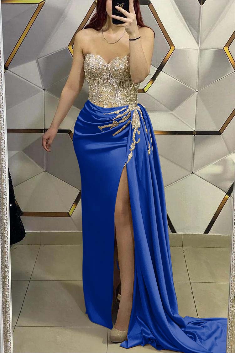 Sweetheart Strapless Pleated Long Prom Dress with Beading Split