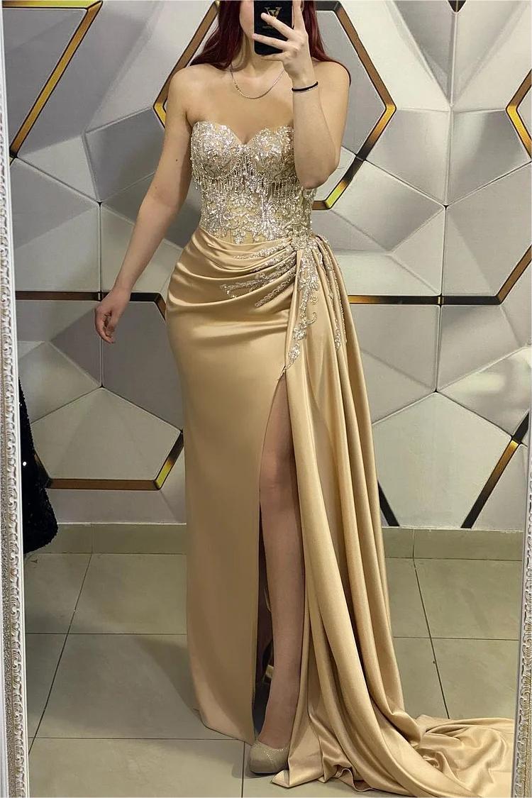 Sweetheart Strapless Pleated Long Prom Dress with Beading Split
