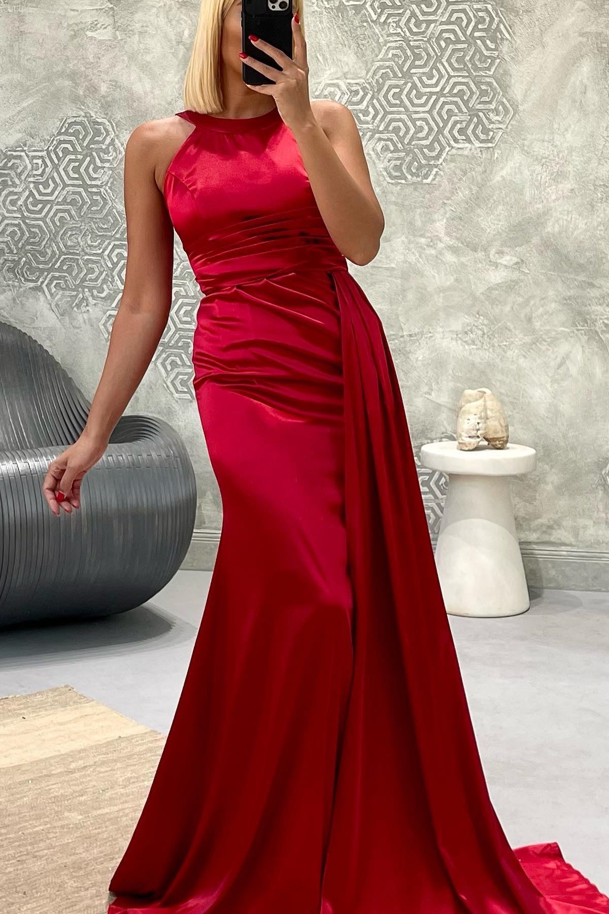 Gorgeous Jewel Neck Strapless Mermaid Long Prom Dress with Pleated