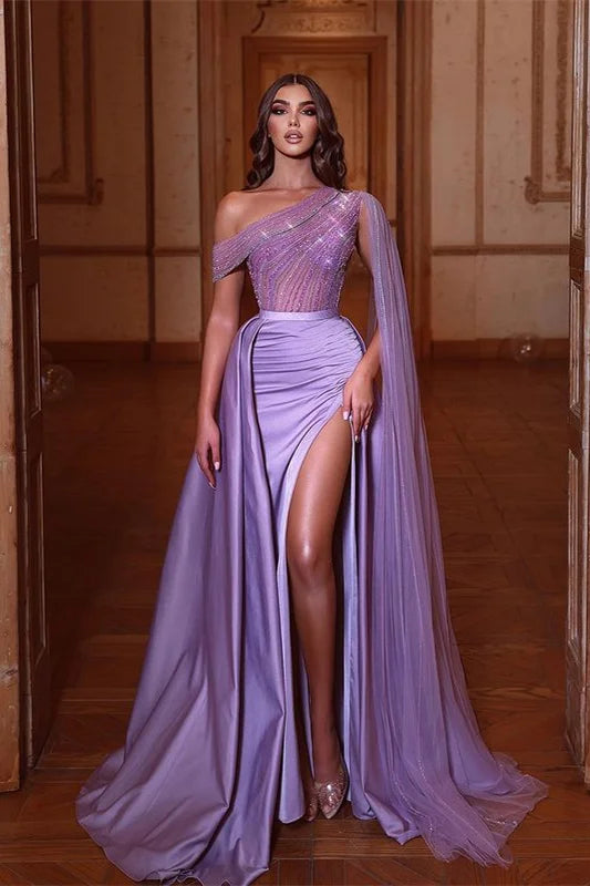 Gorgeous One Shoulder Long Split Prom Dress with Beading and Pleats