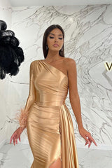 Gorgeous One Shoulder Long Sleeve Mermaid Prom Dress with Split and Feathers