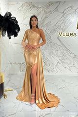 Gorgeous One Shoulder Long Sleeve Mermaid Prom Dress with Split and Feathers