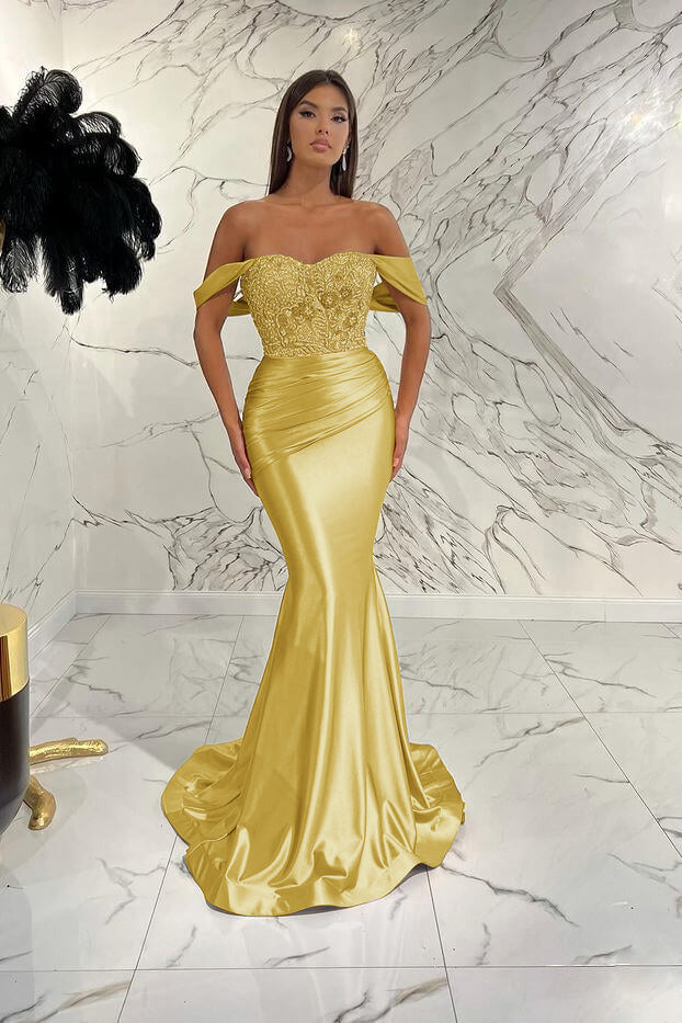 Gorgeous Off the Shoulder Mermaid Prom Dress with Sequins, Beading and Pleats