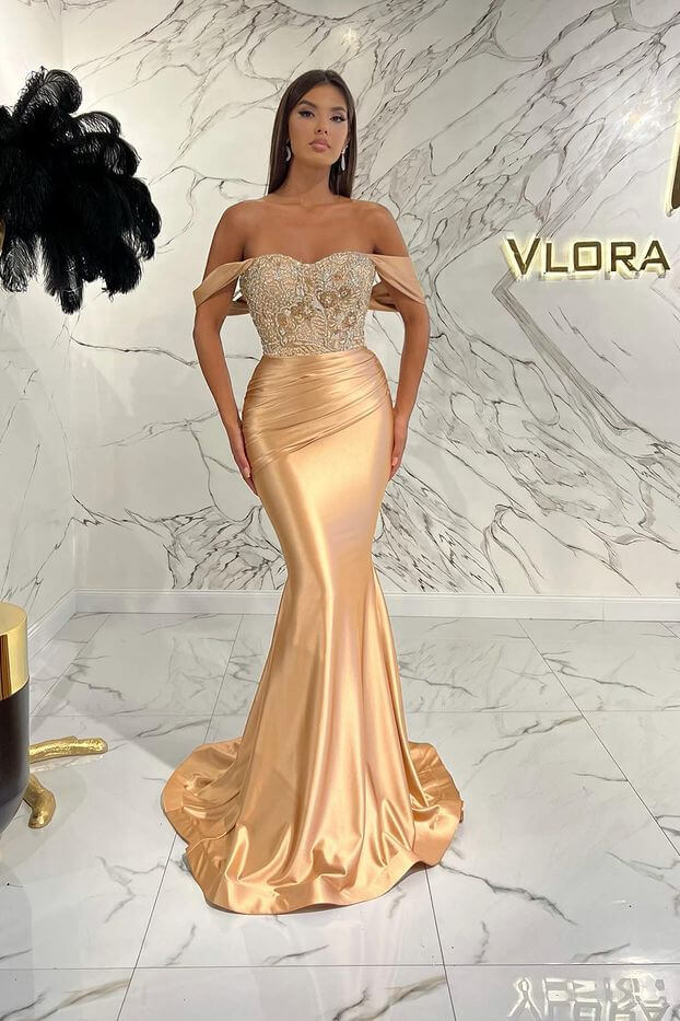 Gorgeous Off the Shoulder Mermaid Prom Dress with Sequins, Beading and Pleats