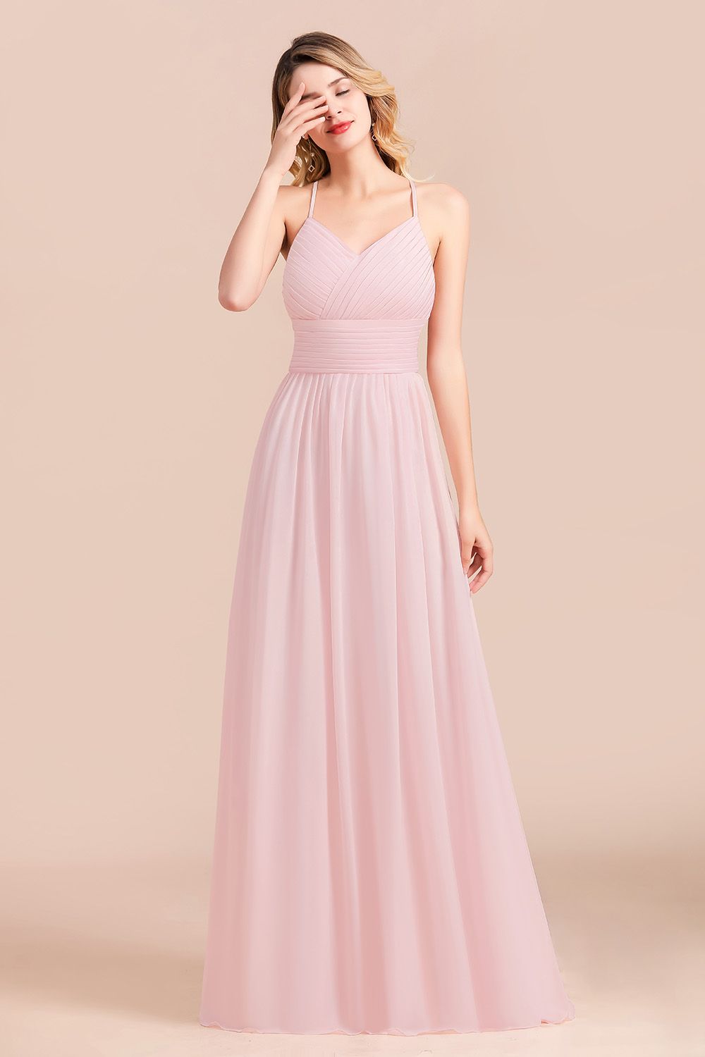 Gorgeous Spaghetti Straps Ruffle Pink Chiffon Bridesmaid Dress Affordable-Babyonlines