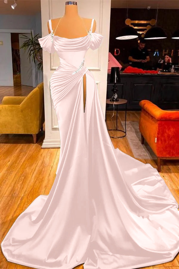 Chic Off the Shoulder Pleated Long Prom Dress with Beading Split