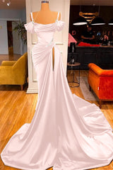 Chic Off the Shoulder Pleated Long Prom Dress with Beading Split