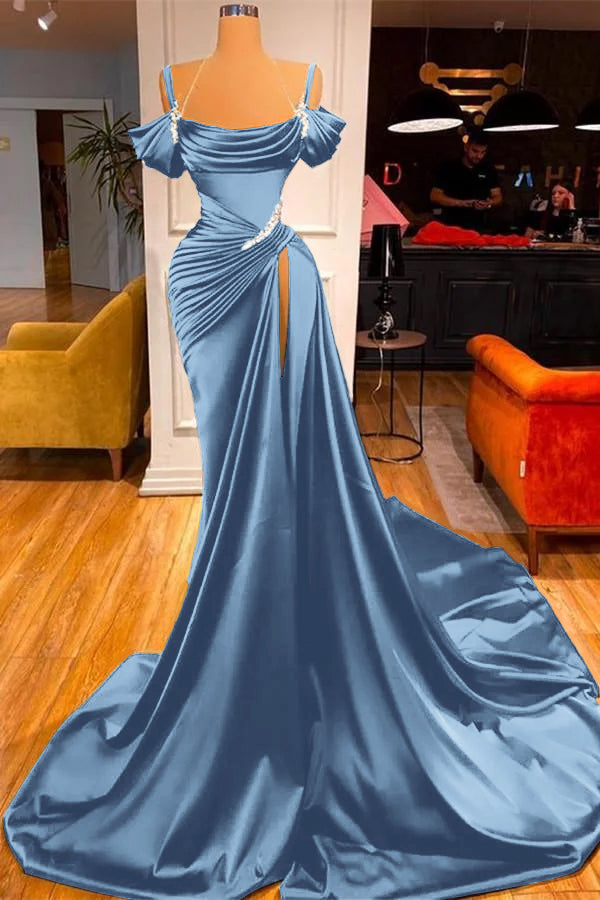 Chic Off the Shoulder Pleated Long Prom Dress with Beading Split