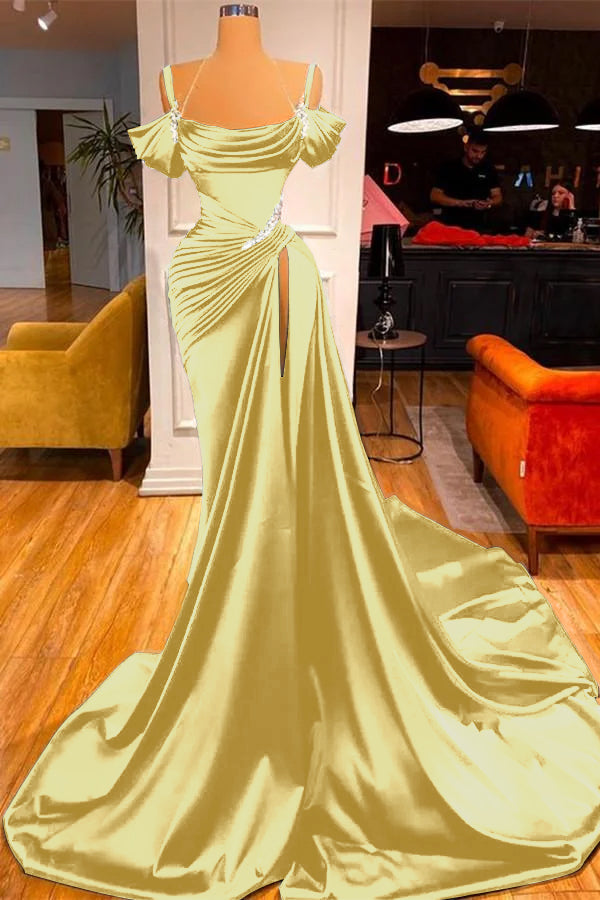 Chic Off the Shoulder Pleated Long Prom Dress with Beading Split