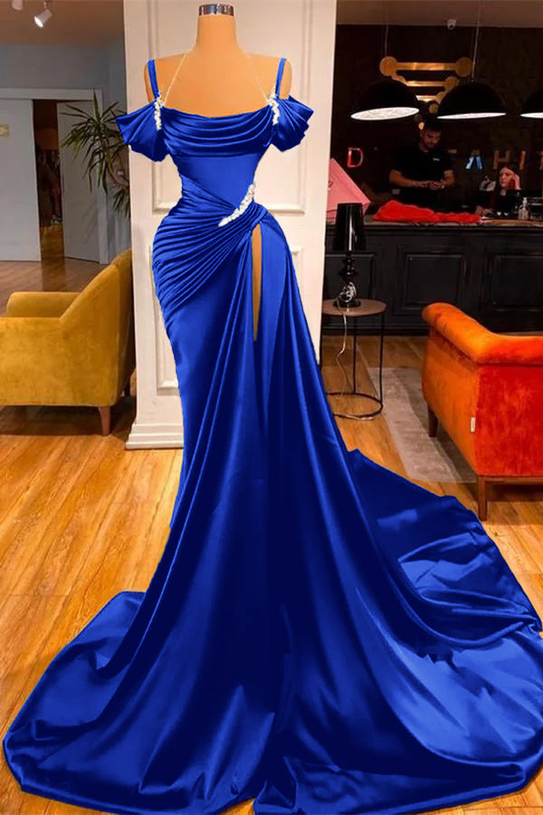 Chic Off the Shoulder Pleated Long Prom Dress with Beading Split