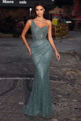 Green One Shoulder Mermaid Prom Dress with Sequins