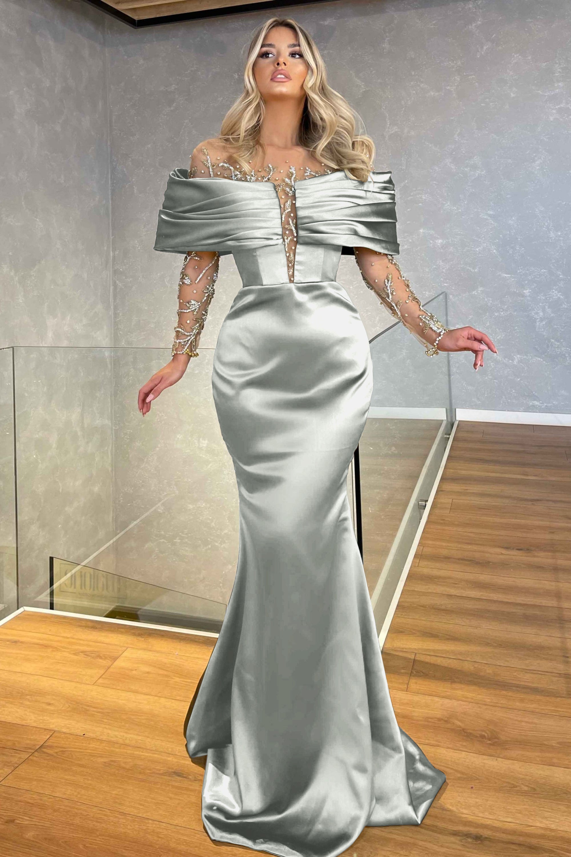 Green Off the Shoulder Long Sleeve Prom Dress with Beading