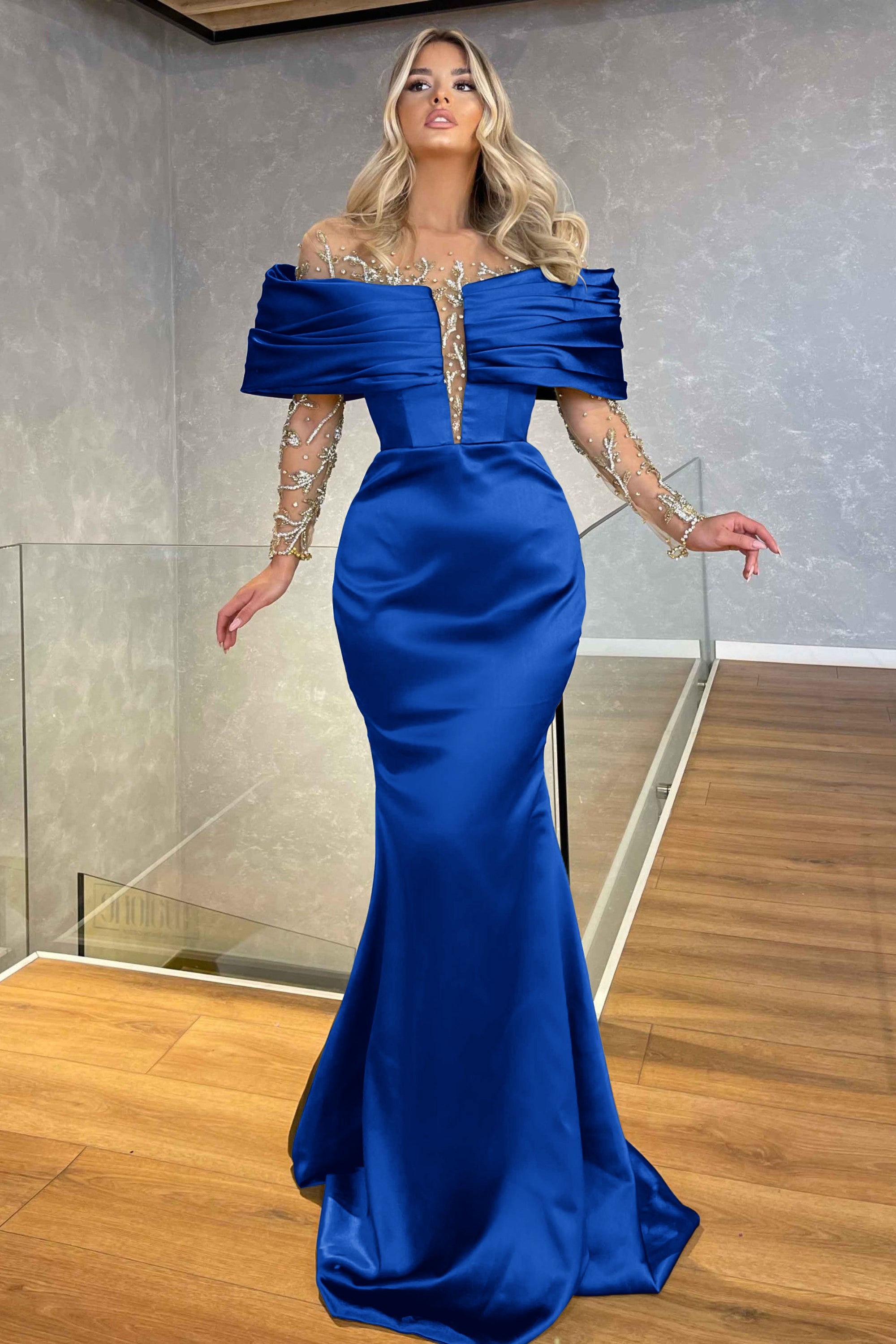 Green Off the Shoulder Long Sleeve Prom Dress with Beading