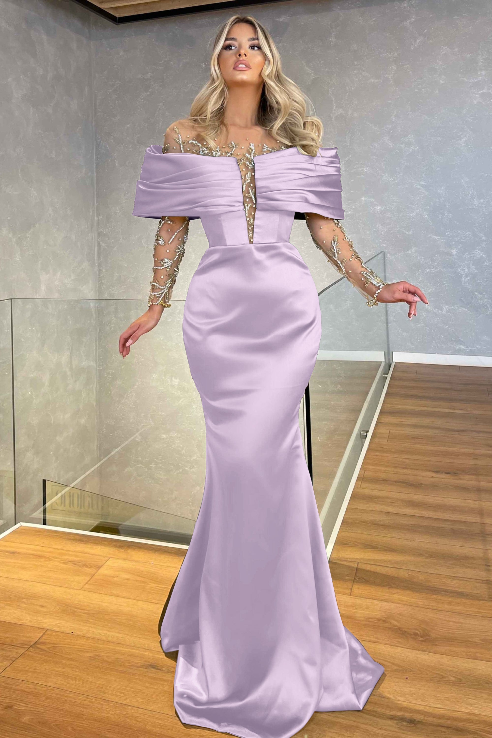 Green Off the Shoulder Long Sleeve Prom Dress with Beading