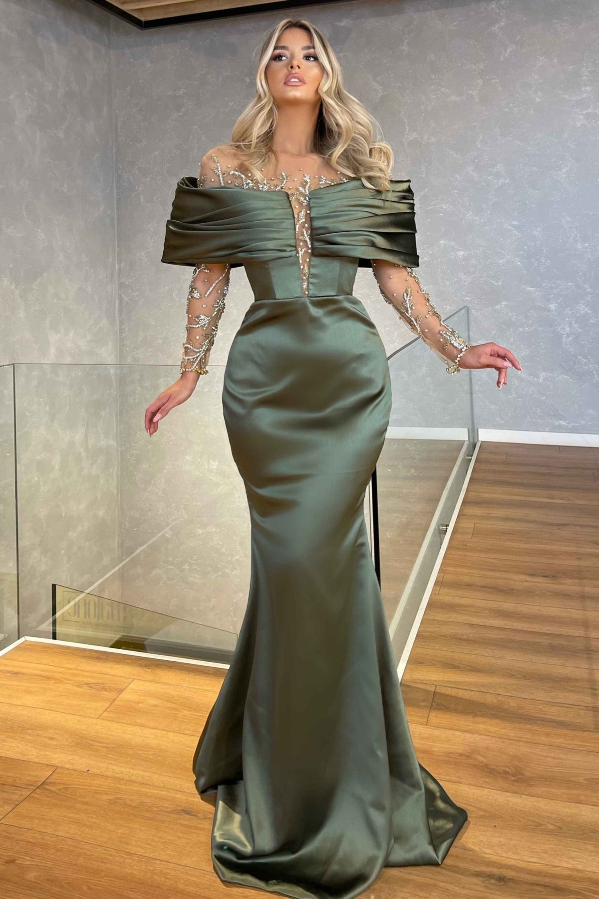 Green Off the Shoulder Long Sleeve Prom Dress with Beading
