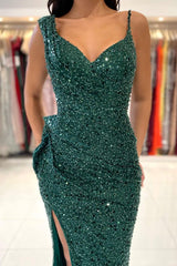 Green Spaghetti Strap Prom Dress with Sequins, Split and Pleated