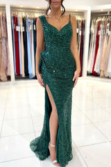 Green Spaghetti Strap Prom Dress with Sequins, Split and Pleated