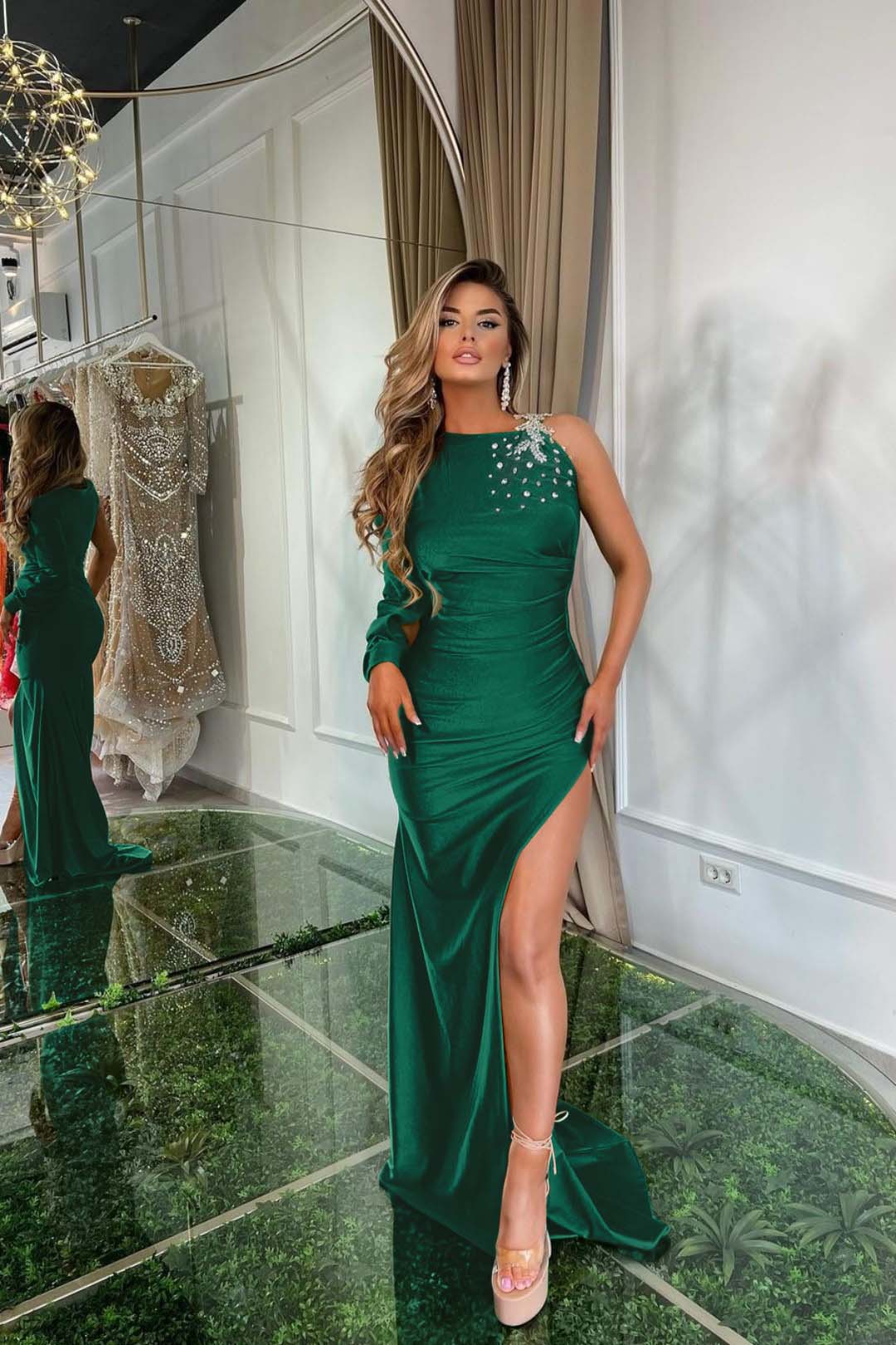 One Shoulder Green Satin Prom Dress with Long Sleeve and Split