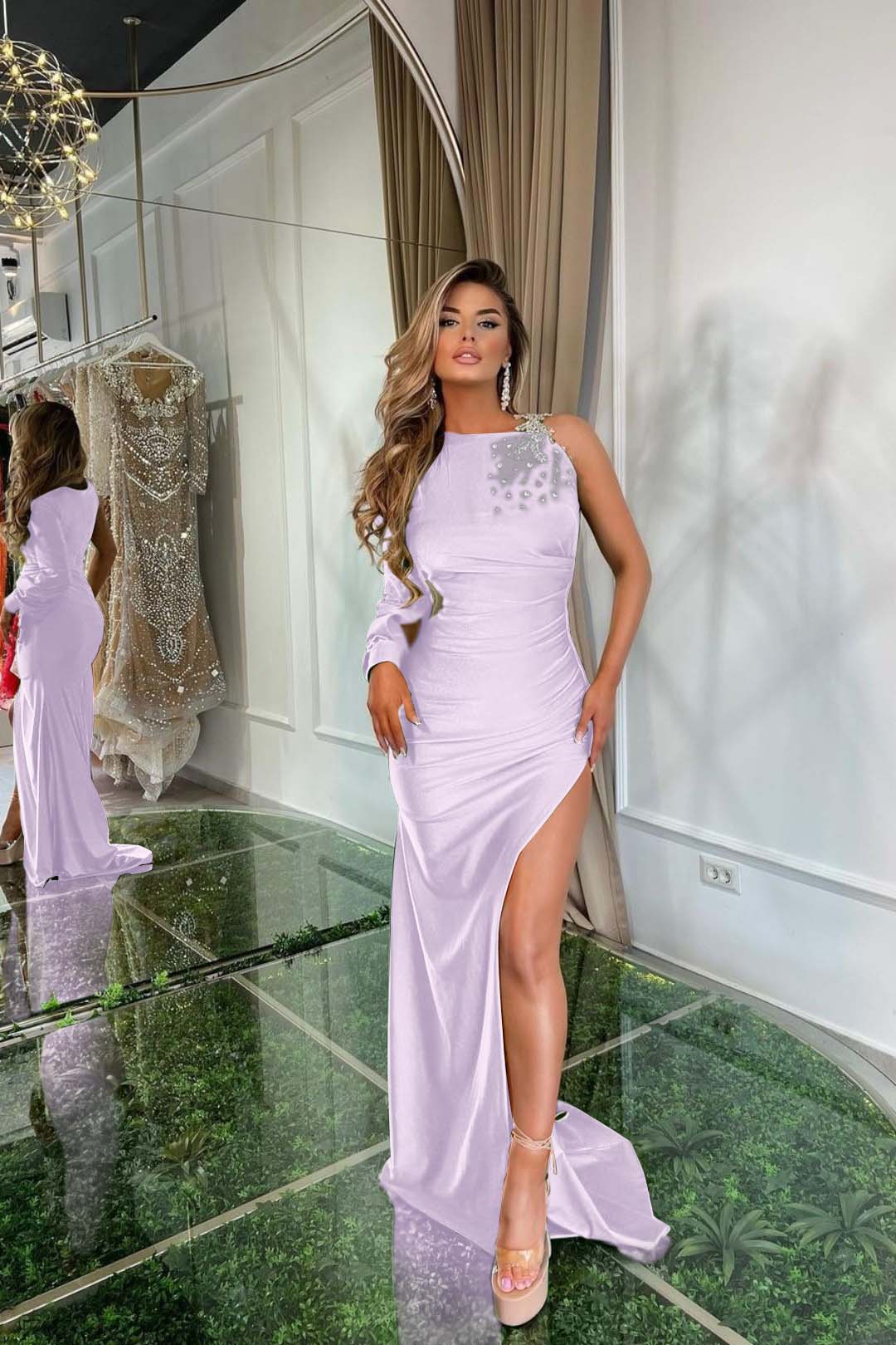 One Shoulder Green Satin Prom Dress with Long Sleeve and Split
