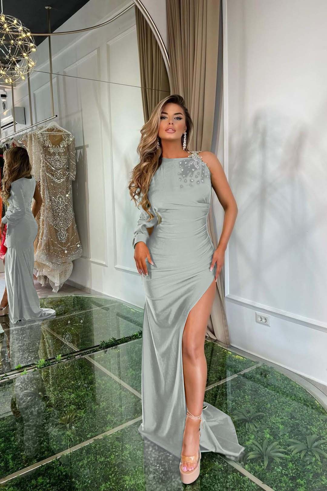 One Shoulder Green Satin Prom Dress with Long Sleeve and Split
