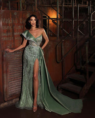Green One Shoulder Prom Dress with Sequins, High Split and Trail