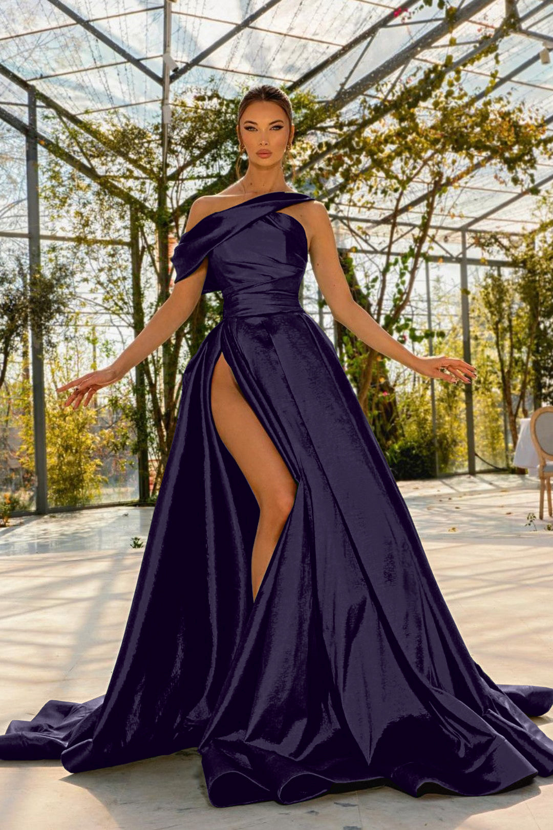 Elegant One Shoulder Green Satin Prom Dress with High Split